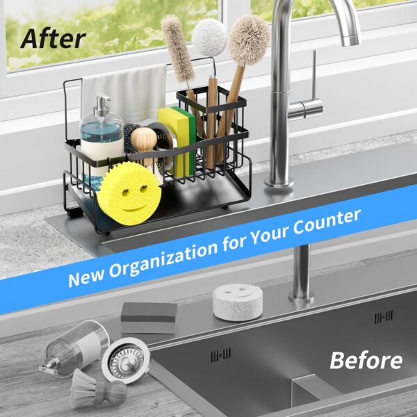 Kitchen Sink Caddy Sponge Holder for Kitchen Sink SUS304 Stainless Steel Rack with High Brush Holder Smiley Face Sponge Hook Towel Holder and Divider Gadgets Organizer for Counter - Image 6