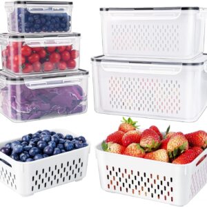 5 PCS Large Fruit Containers for Fridge - Leakproof, Removable Colander, & microwave safe