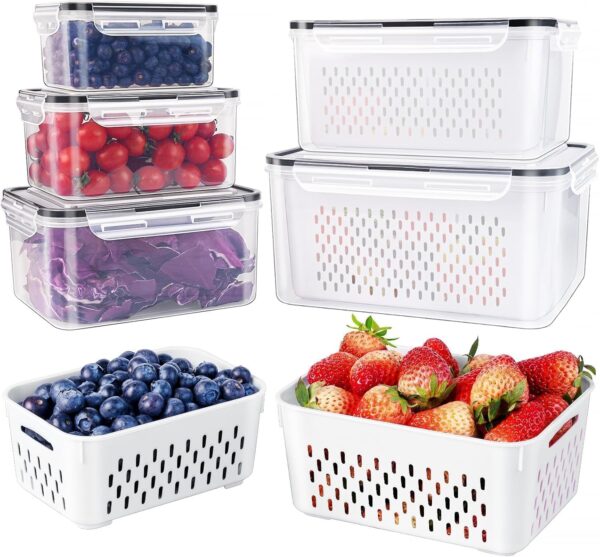 5 PCS Large Fruit Containers for Fridge - Leakproof, Removable Colander, & microwave safe