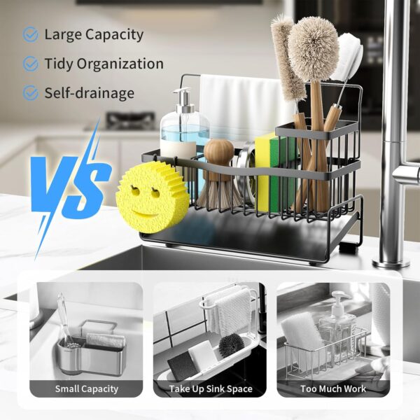 Kitchen Sink Caddy Sponge Holder for Kitchen Sink SUS304 Stainless Steel Rack with High Brush Holder Smiley Face Sponge Hook Towel Holder and Divider Gadgets Organizer for Counter - Image 2