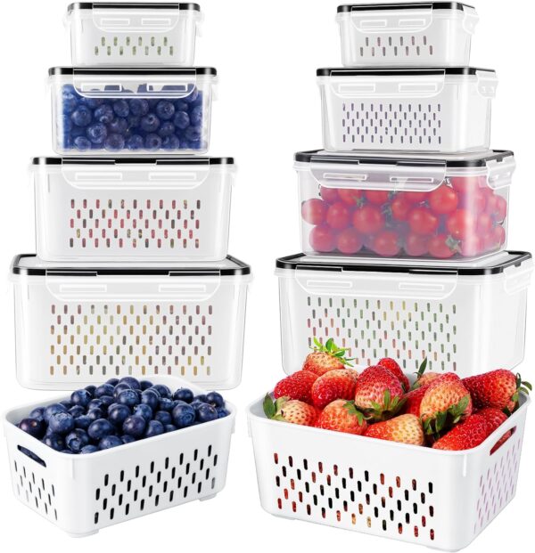 4 PCS Fruit Storage Containers for Fridge with Removable Colander