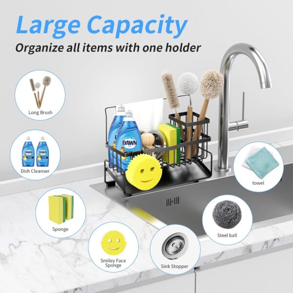 Kitchen Sink Caddy Sponge Holder for Kitchen Sink SUS304 Stainless Steel Rack with High Brush Holder Smiley Face Sponge Hook Towel Holder and Divider Gadgets Organizer for Counter - Image 5