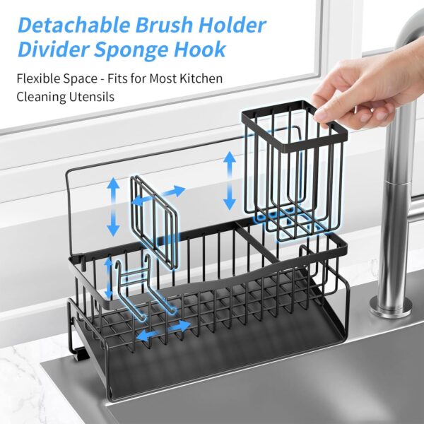 Kitchen Sink Caddy Sponge Holder for Kitchen Sink SUS304 Stainless Steel Rack with High Brush Holder Smiley Face Sponge Hook Towel Holder and Divider Gadgets Organizer for Counter - Image 4