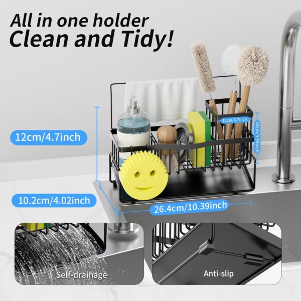 Kitchen Sink Caddy Sponge Holder for Kitchen Sink SUS304 Stainless Steel Rack with High Brush Holder Smiley Face Sponge Hook Towel Holder and Divider Gadgets Organizer for Counter - Image 3