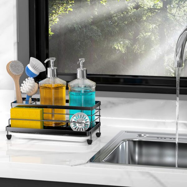 Cisily Sponge Holder for Kitchen, Sink Organizer with Drip Tray, Rustproof and Non-Slip, Sponge Holder, (Matte Black) - Image 5