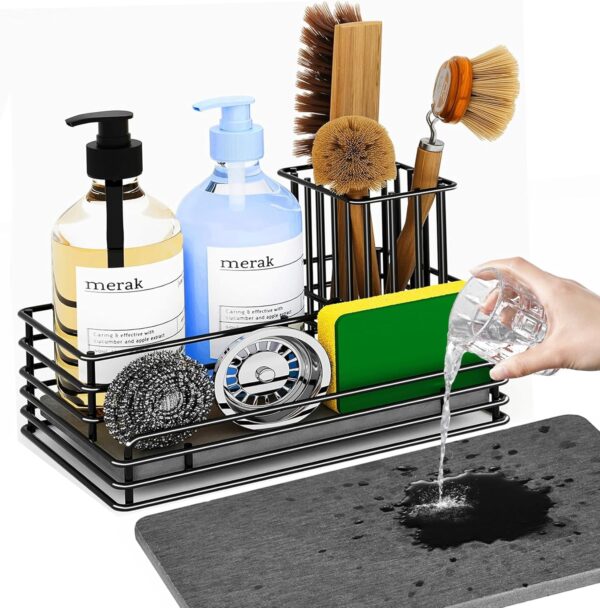 Yofidra Kitchen Sink Caddy: Sink Sponge with Instant Drying Stone, Metal Stainless Steel Dish Sponge Holder Basket for Sponges, Scrubbers, Soap, 9.5