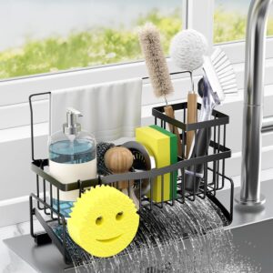Kitchen Sink Caddy Sponge Holder for Kitchen Sink SUS304 Stainless Steel Rack with High Brush Holder Smiley Face Sponge Hook Towel Holder and Divider Gadgets Organizer for Counter