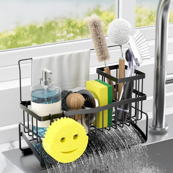 Kitchen Sink Caddy Sponge Holder for Kitchen Sink SUS304 Stainless Steel Rack with High Brush Holder Smiley Face Sponge Hook Towel Holder and Divider Gadgets Organizer for Counter