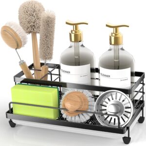 Cisily Sponge Holder for Kitchen, Sink Organizer with Drip Tray, Rustproof and Non-Slip, Sponge Holder, (Matte Black)