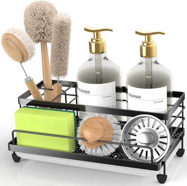 Cisily Sponge Holder for Kitchen, Sink Organizer with Drip Tray, Rustproof and Non-Slip, Sponge Holder, (Matte Black)